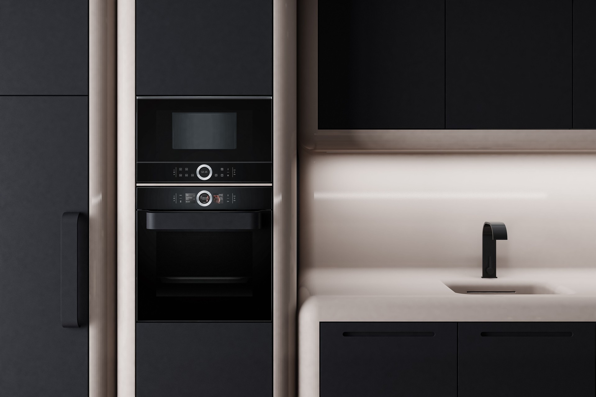Futuristic Kitchen Interior with Rounded Island and Modern Sleek Rounded Design