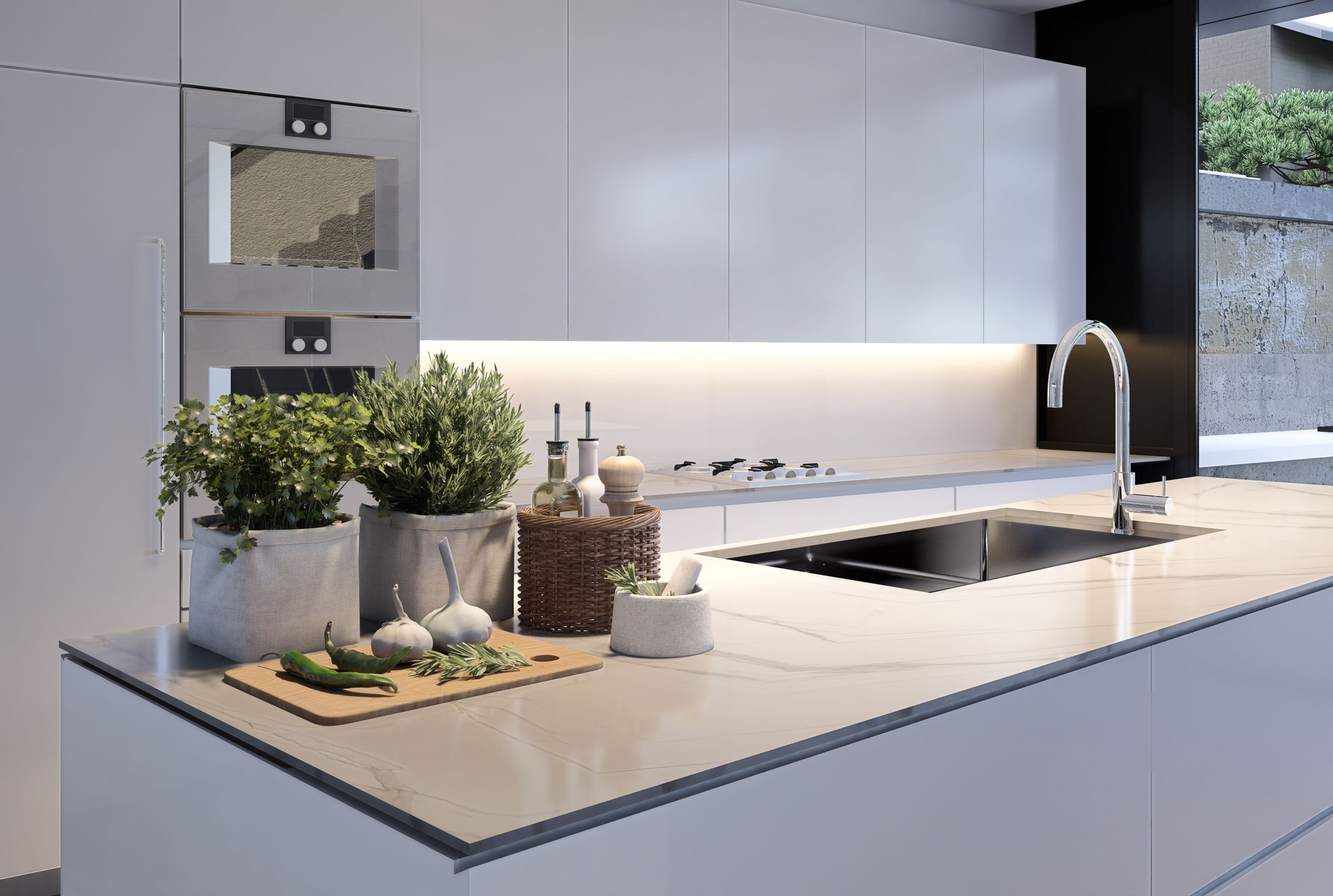 Modern Kitchen Design with Fresh Ingredients Displayed. 3D illustration
